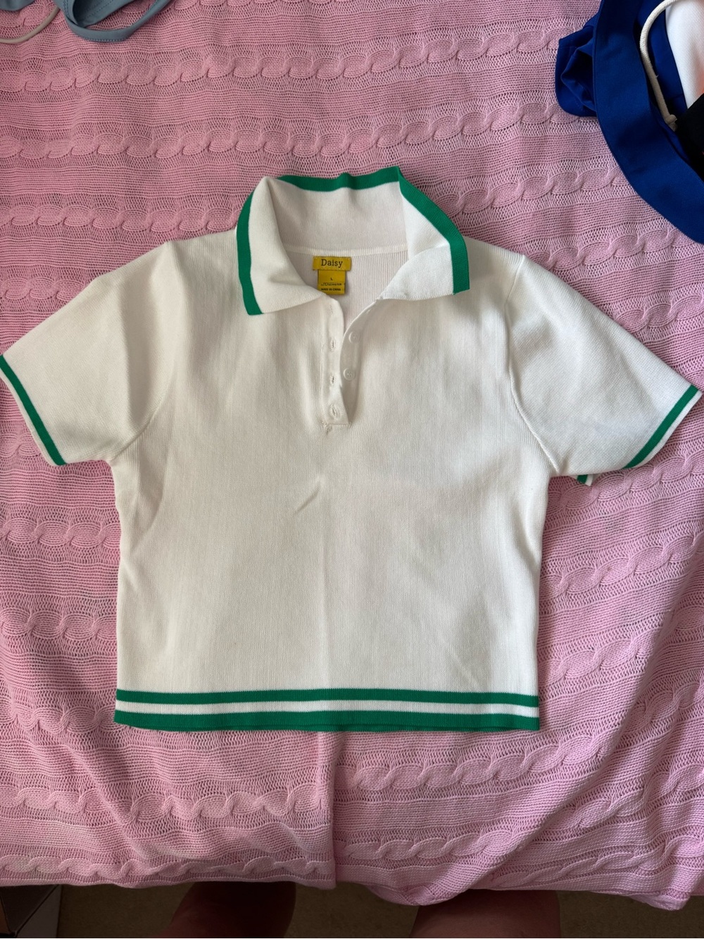 Daisy White Polo Top with Green Trim